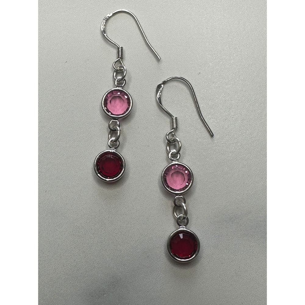 Sterling Silver 925 Pink and Red Crystal Dangle Drop Earrings Fishhook 1.5"